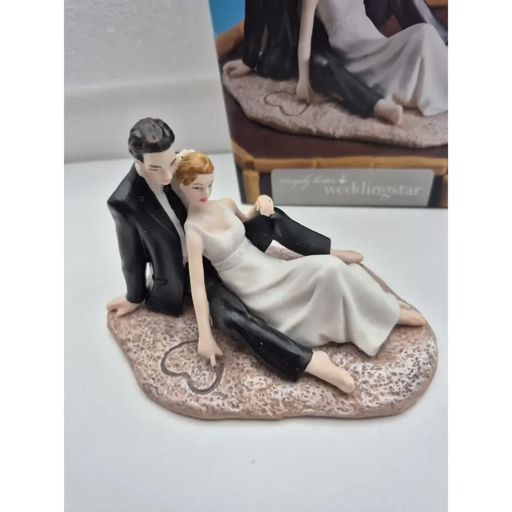 Weddingstar Romantic Couple Lounging On Beach Hand Painted Porcelain Cake Topper